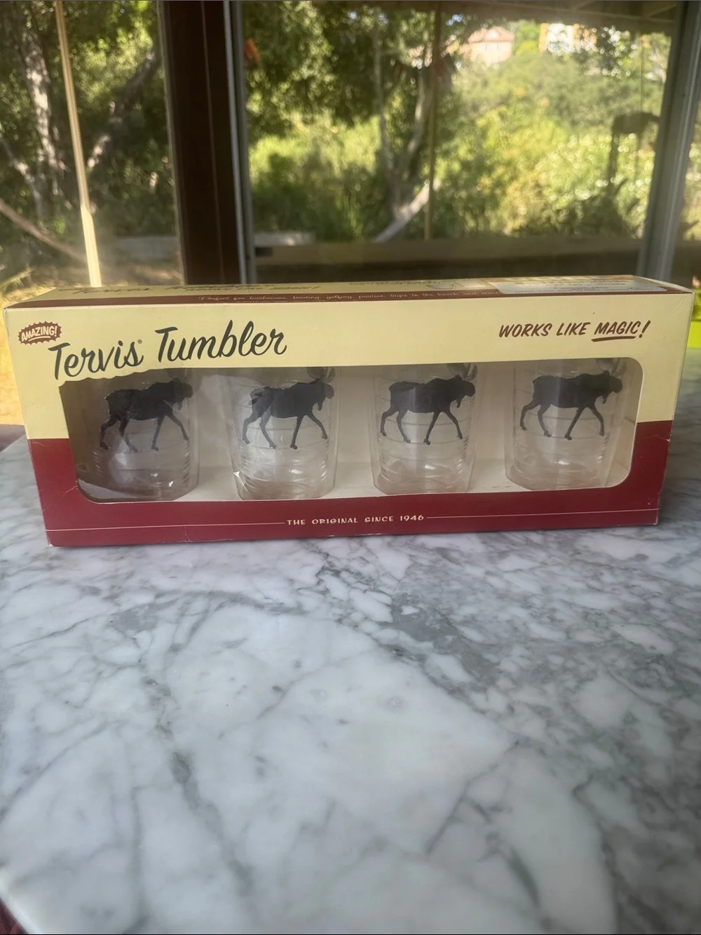 Tervis Tumbler set of four 16oz tall tumblers with moose design, vintage in box
